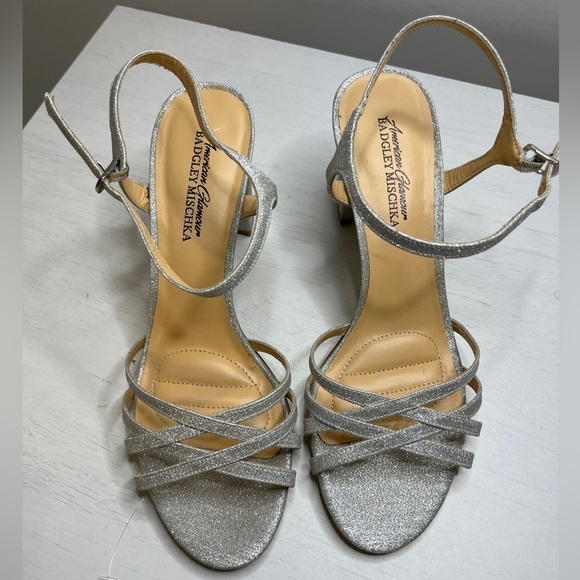 American Glamour/Badgley Mischka Silver Heels Sparkly Open Toe Sandal - Picture 2 of 11